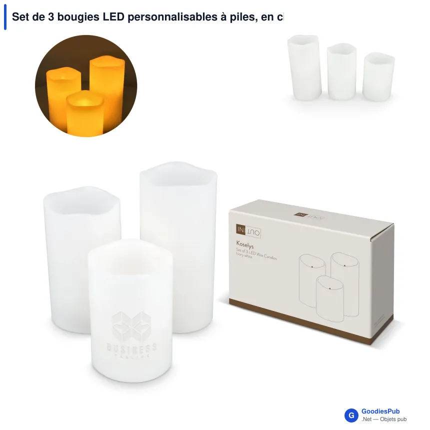 Set de 3 bougies LED personnalisables à piles, en cire avec logo - InSideOut Koselys - Image 1