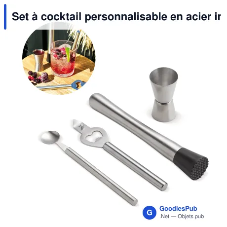 Set à cocktail personnalisable en acier inoxydable avec logo - Argent