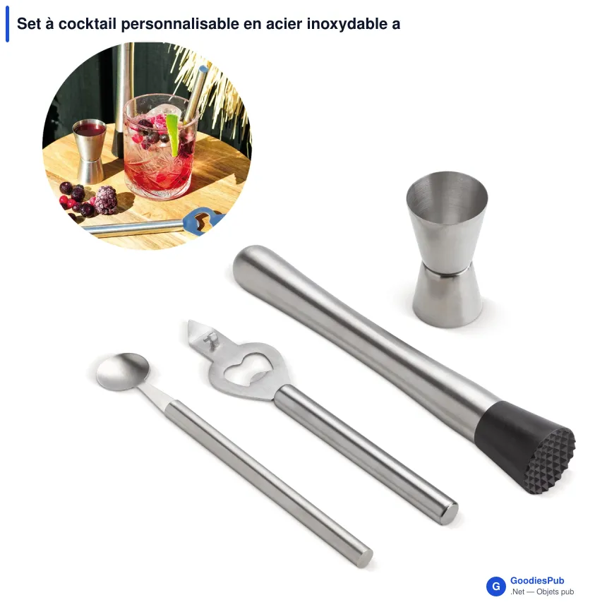 Set à cocktail personnalisable en acier inoxydable avec logo - Argent - Image 1