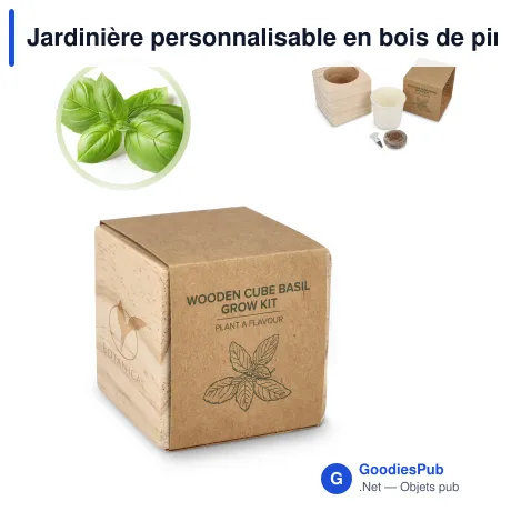 Jardinière personnalisable en bois de pin FSC avec logo - Basilic