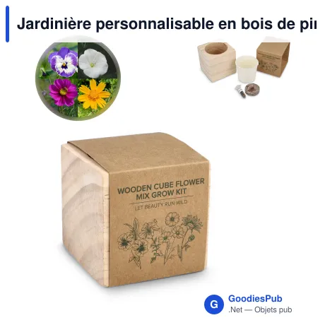 Jardinière personnalisable en bois de pin FSC avec logo - Mélange de fleurs