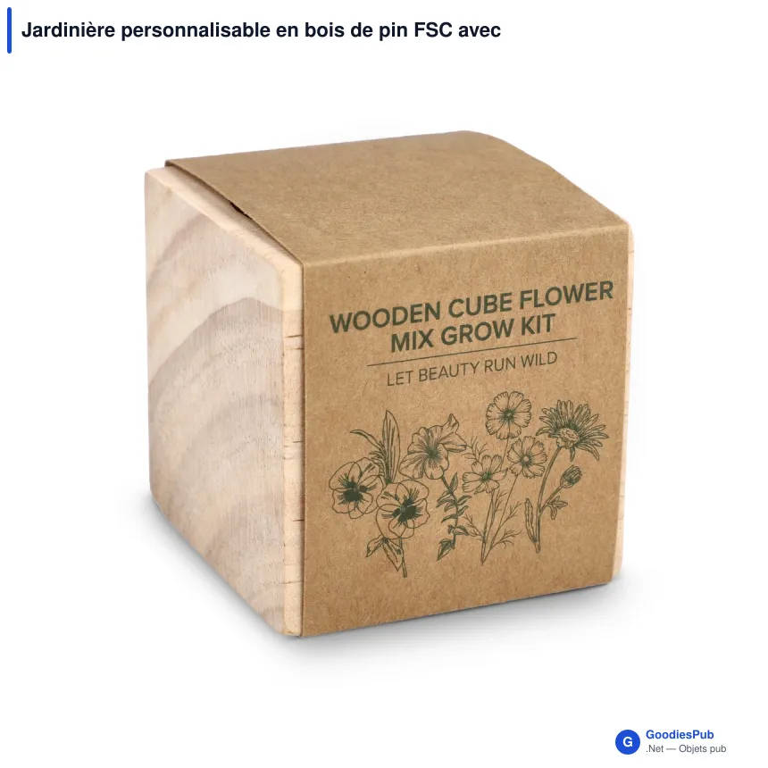 Jardinière personnalisable en bois de pin FSC avec logo - Mélange de fleurs - Image 2