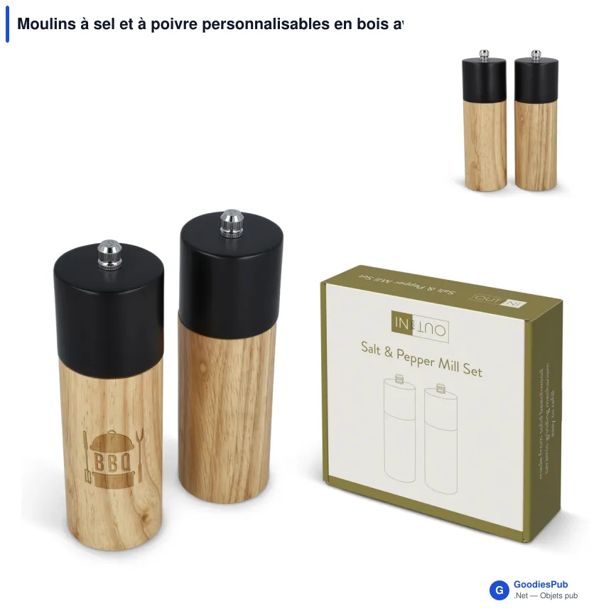 Moulins à sel et à poivre personnalisables en bois avec logo - InSideOut - Image 1