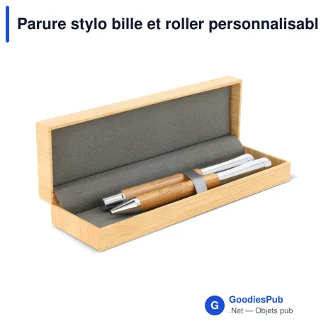 Parure stylo bille et roller personnalisable en bambou et métal avec logo - Bambou