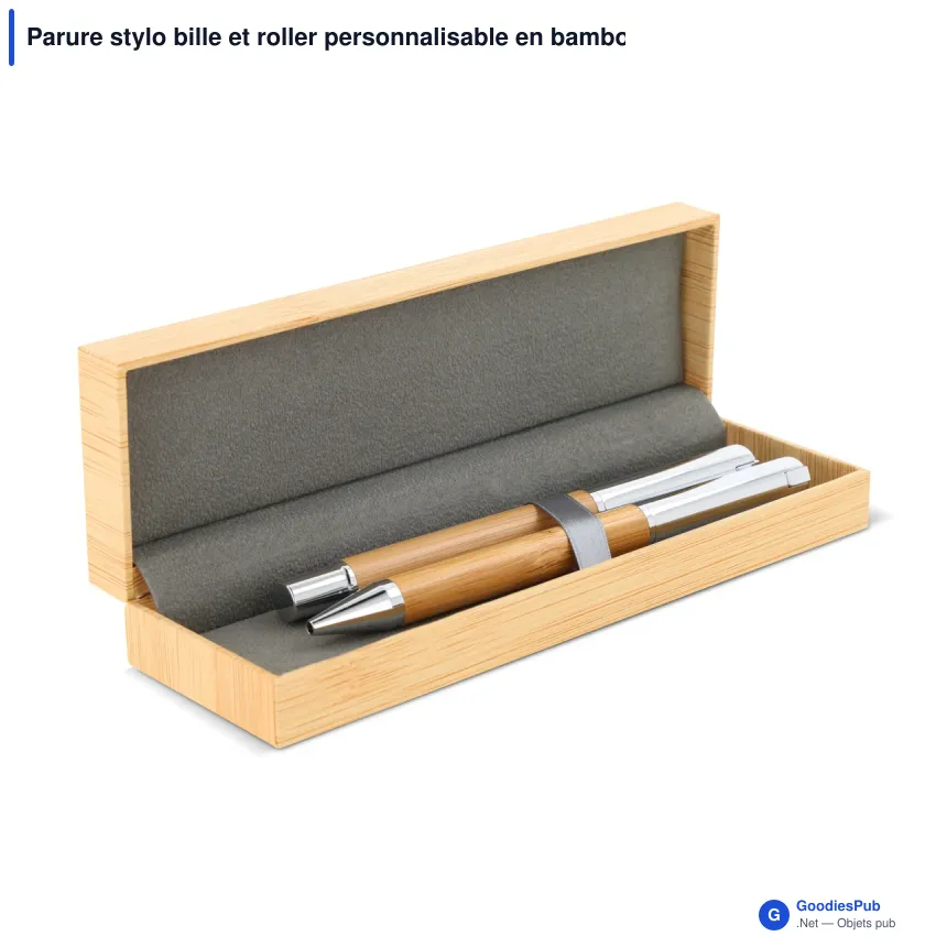 Parure stylo bille et roller personnalisable en bambou et métal avec logo - Bambou - Image 2