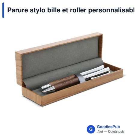 Parure stylo bille et roller personnalisable en bois de noyer avec logo - Noyer