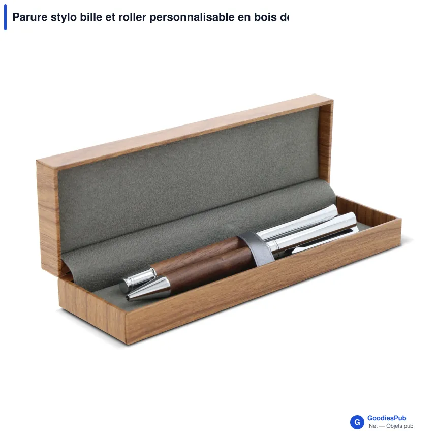 Parure stylo bille et roller personnalisable en bois de noyer avec logo - Noyer - Image 2