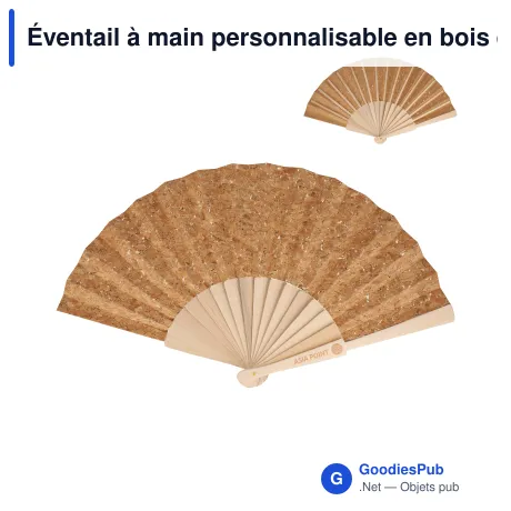 Éventail à main personnalisable en bois et liège avec logo - Nature