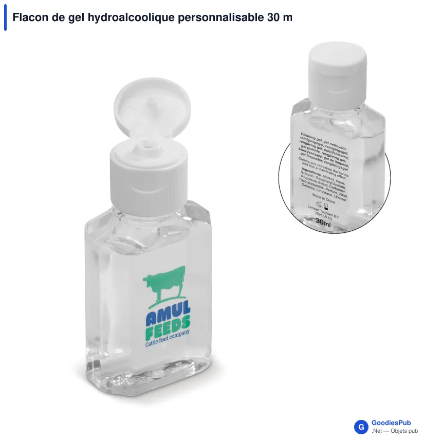 Flacon de gel hydroalcoolique personnalisable 30 ml avec logo - Format poche - Image 1