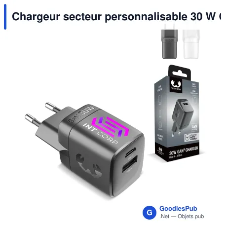 Chargeur secteur personnalisable 30 W GaN USB-C et USB-A avec logo - Fresh 'n Rebel