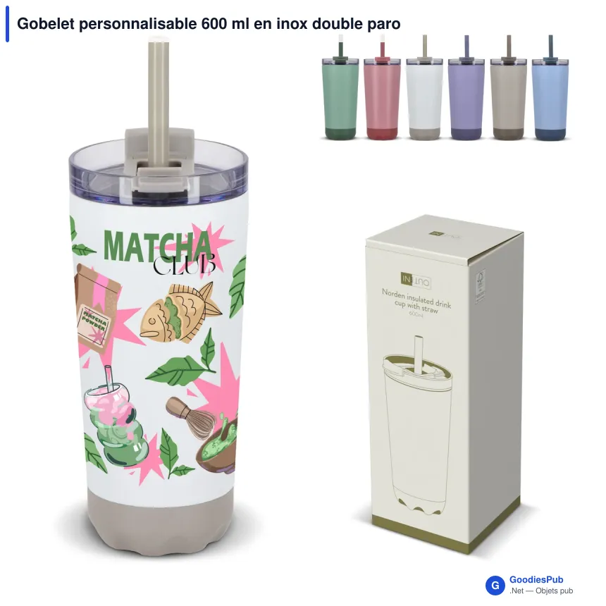 Gobelet personnalisable 600 ml en inox double paroi avec paille - InSideOut Norden - Image 1