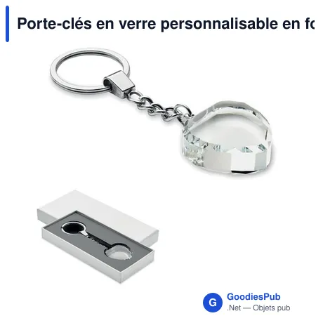 Porte-clés en verre personnalisable en forme de cœur avec logo