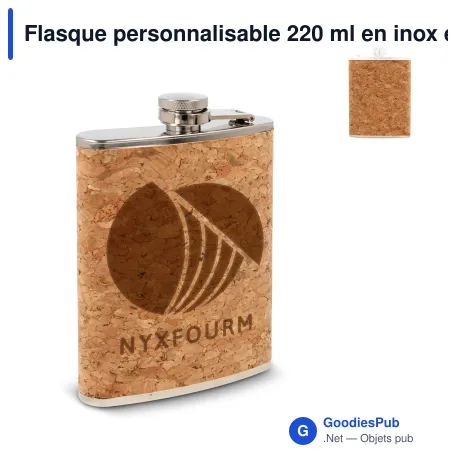 Flasque personnalisable 220 ml en inox et liège avec logo - Hip-flask 220
