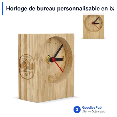 Horloge de bureau personnalisable en bambou rectangulaire avec logo - Rectangle