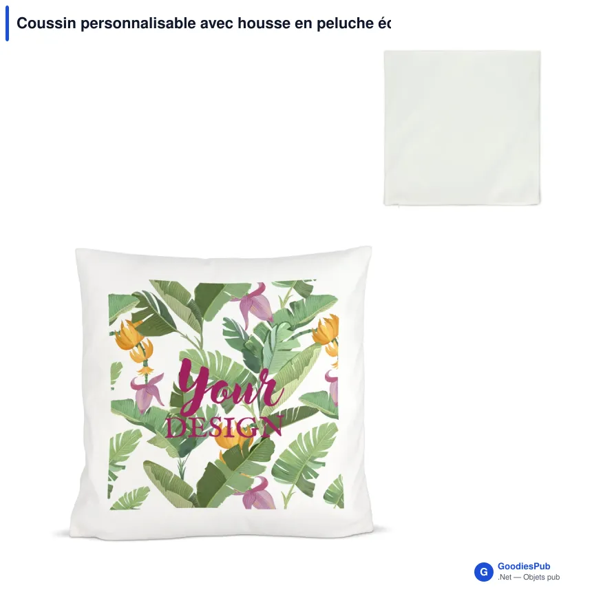 Coussin personnalisable avec housse en peluche écrue et logo - 40 x 40 cm - Image 1
