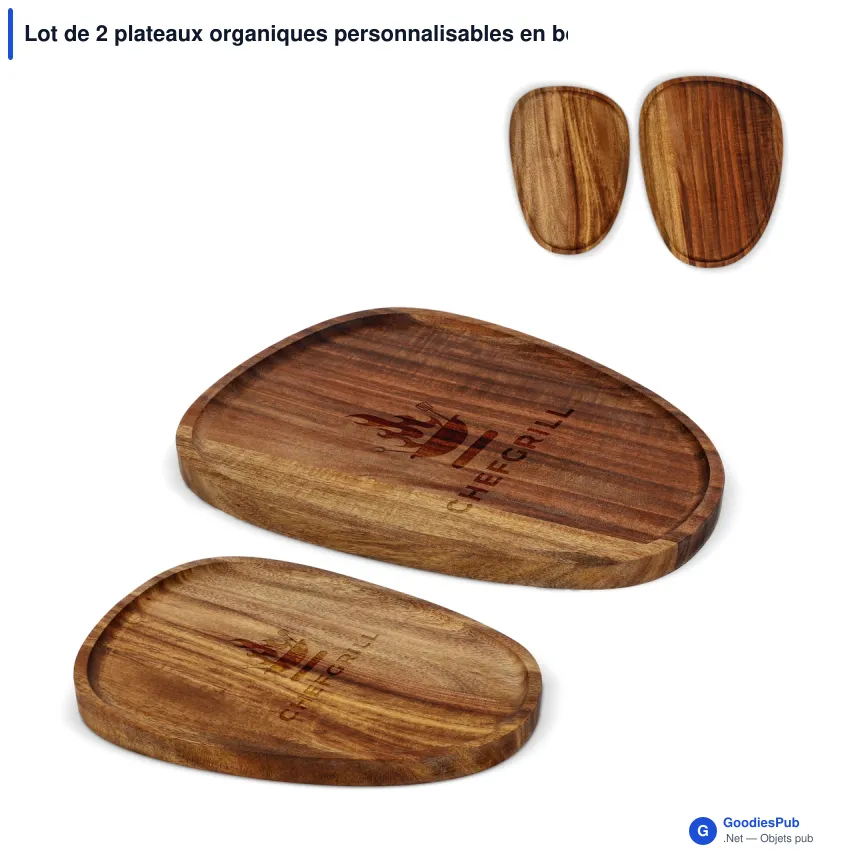 Lot de 2 plateaux organiques personnalisables en bois d'acacia avec logo - InSideOut - Image 1