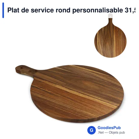 Plat de service rond personnalisable 31,5 cm en bois d'acacia avec logo - InSideOut