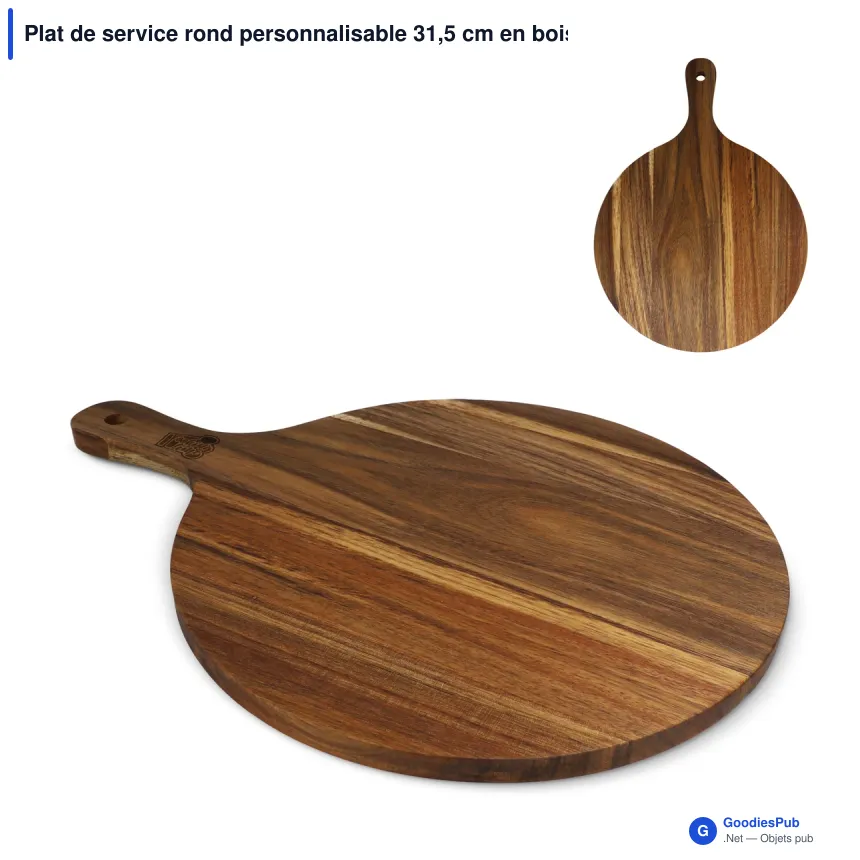 Plat de service rond personnalisable 31,5 cm en bois d'acacia avec logo - InSideOut - Image 1