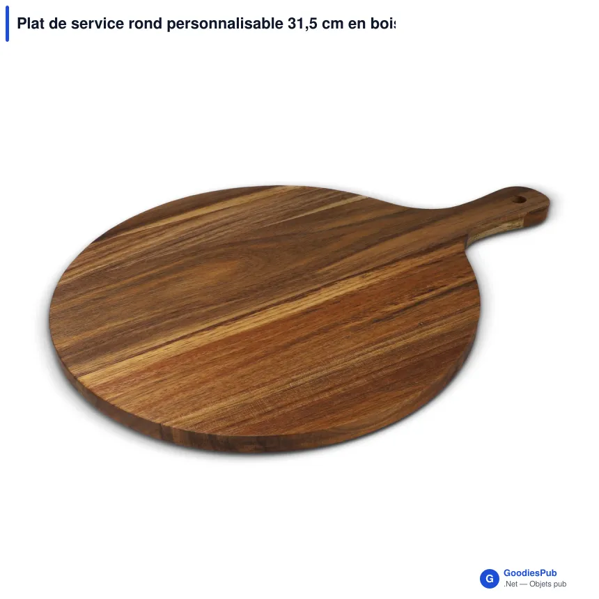 Plat de service rond personnalisable 31,5 cm en bois d'acacia avec logo - InSideOut - Image 2