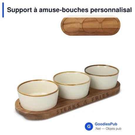 Support à amuse-bouches personnalisable en acacia et 3 bols céramique - InSideOut