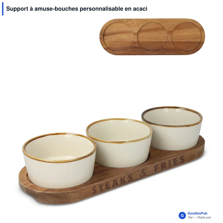 Support à amuse-bouches personnalisable en acacia et 3 bols céramique - InSideOut - Image 1
