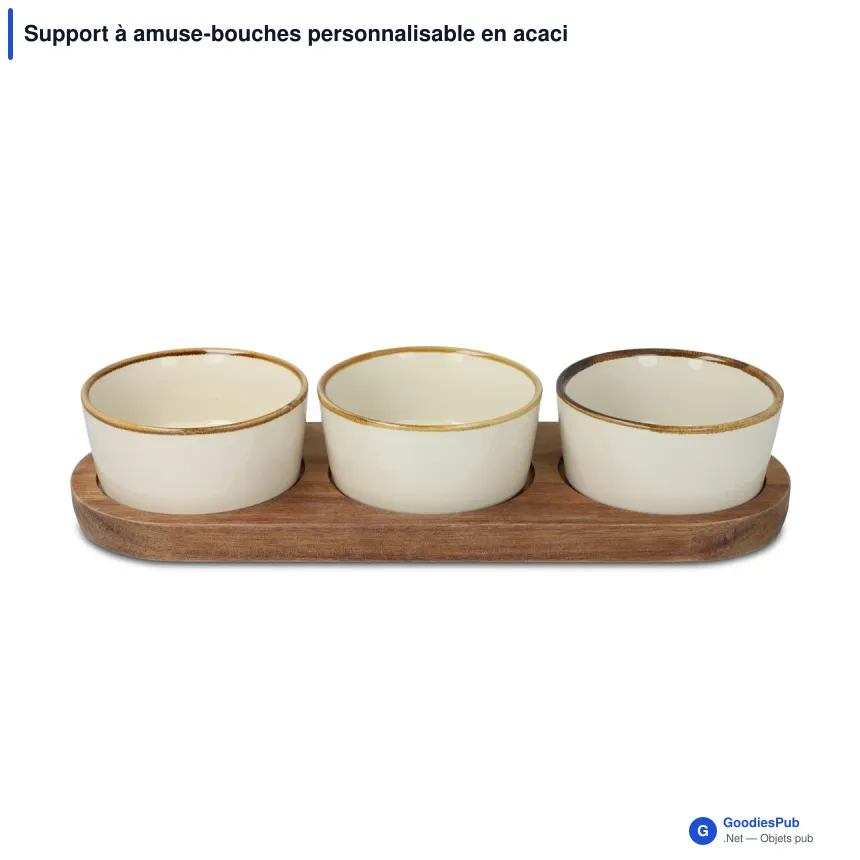 Support à amuse-bouches personnalisable en acacia et 3 bols céramique - InSideOut - Image 2