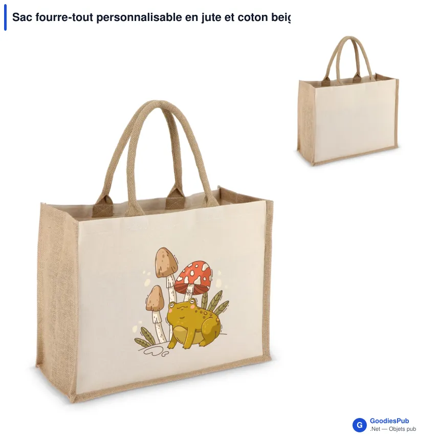 Sac fourre-tout personnalisable en jute et coton beige avec logo - 42 x 32 cm - Image 1
