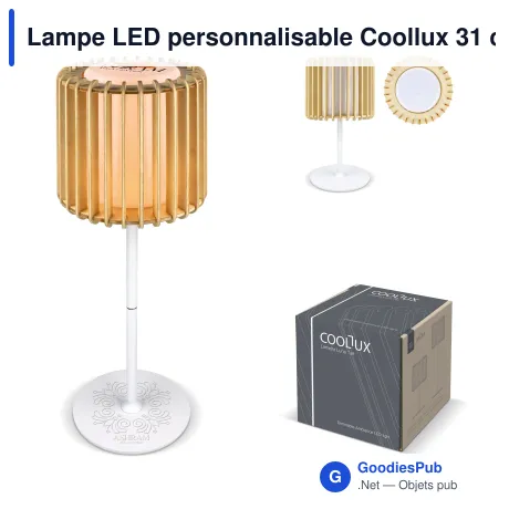 Lampe LED personnalisable Coollux 31 cm en bois naturel avec logo - Lamella Luna Tall