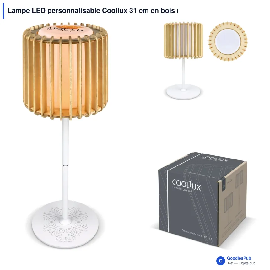Lampe LED personnalisable Coollux 31 cm en bois naturel avec logo - Lamella Luna Tall - Image 1