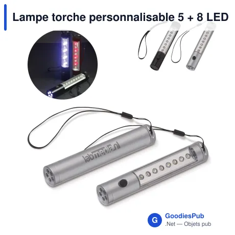 Lampe torche personnalisable 5 + 8 LED aimantée avec logo - Aluminium