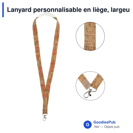 Lanyard personnalisable en liège, largeur 2 cm, avec logo - Nature