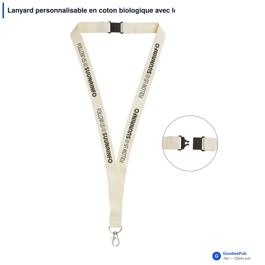 Lanyard personnalisable en coton biologique avec logo - Écru - Image 1