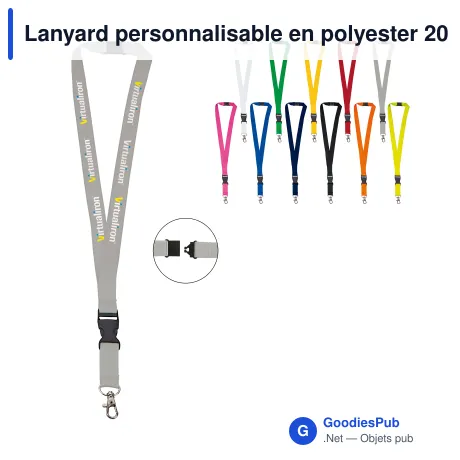 Lanyard personnalisable en polyester 20 mm avec logo - 11 coloris