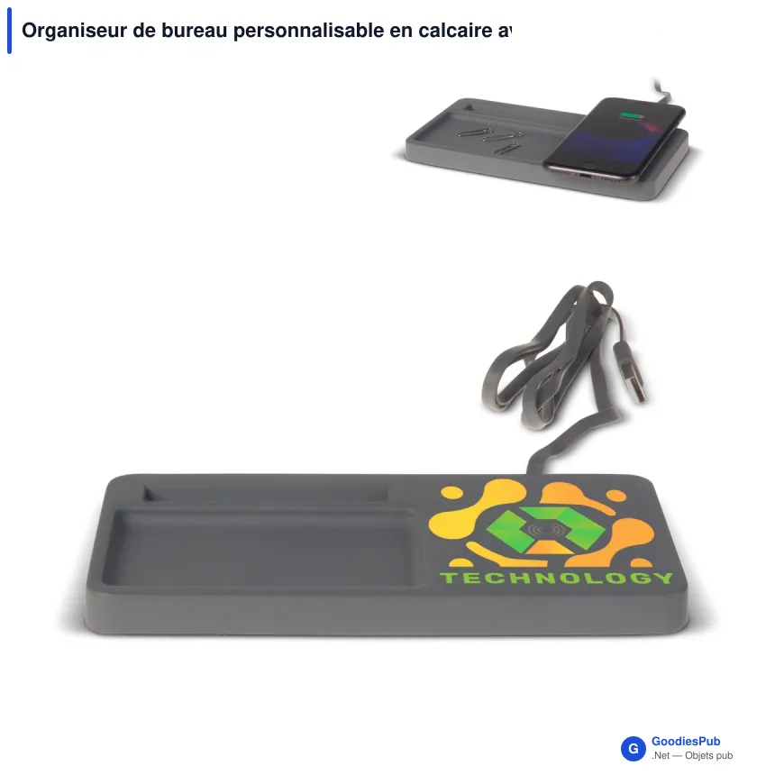Organiseur de bureau personnalisable en calcaire avec chargeur sans fil 5W et logo - Image 1