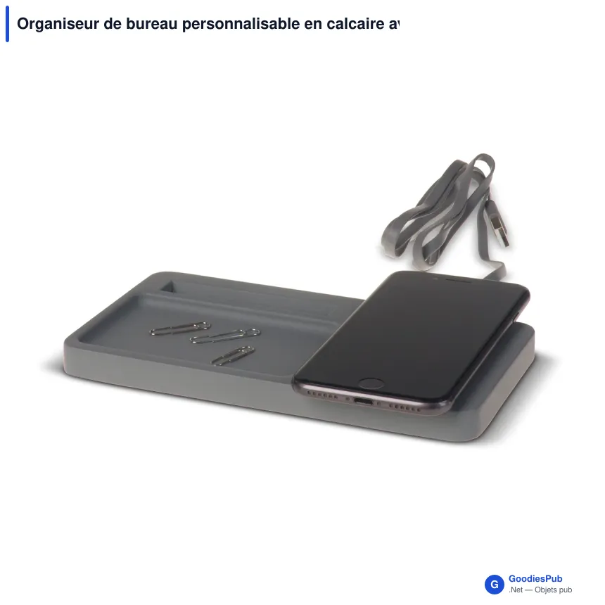 Organiseur de bureau personnalisable en calcaire avec chargeur sans fil 5W et logo - Image 2