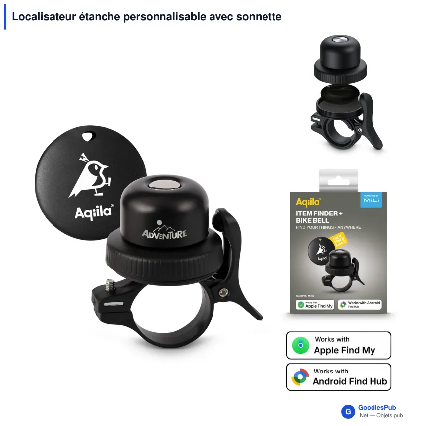 Localisateur étanche personnalisable avec sonnette de vélo et logo - Aqiila Tagbird - Image 1