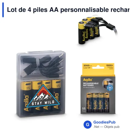 Lot de 4 piles AA personnalisable rechargeables USB-C 2000 mAh avec logo - Aqiila