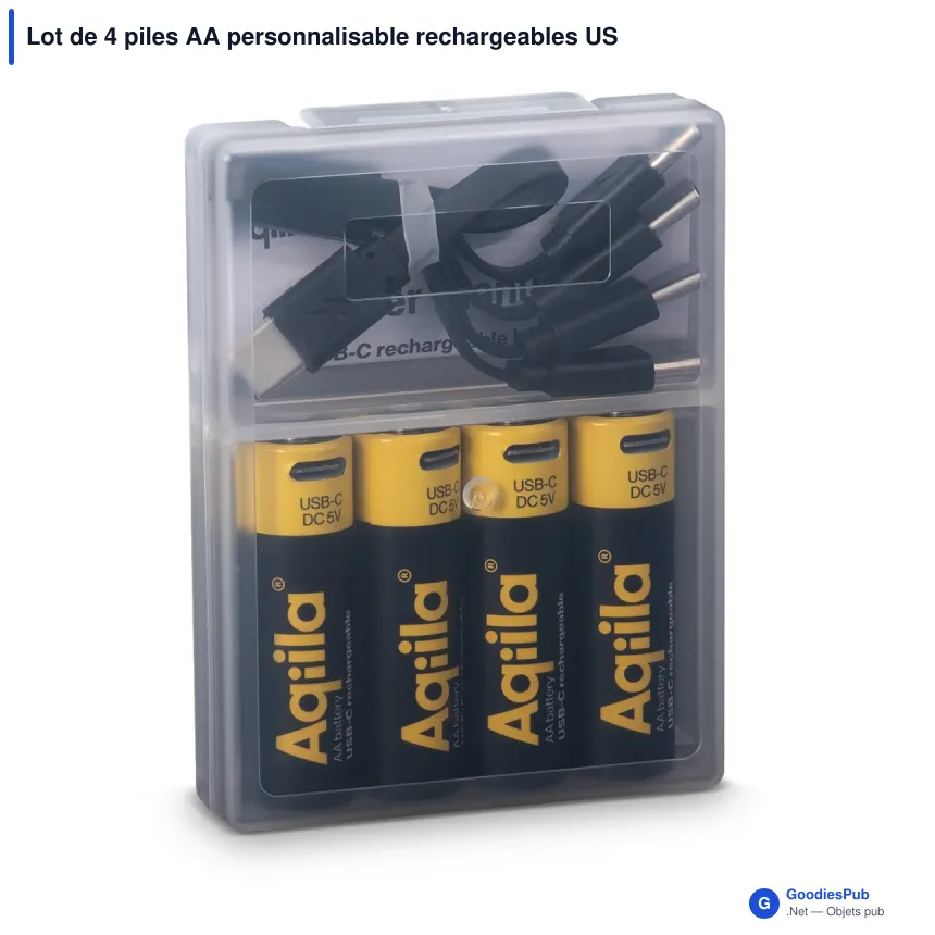 Lot de 4 piles AA personnalisable rechargeables USB-C 2000 mAh avec logo - Aqiila - Image 2