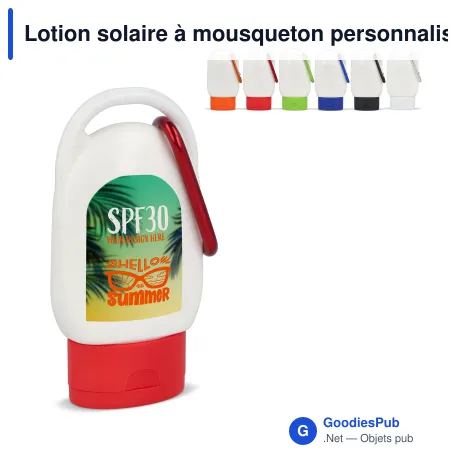 Lotion solaire à mousqueton personnalisable SPF 30 avec logo - PP recyclé 30 ml