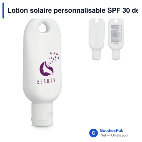 Lotion solaire personnalisable SPF 30 de 30 ml avec logo - Étiquette