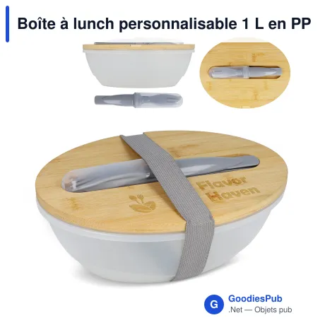 Boîte à lunch personnalisable 1 L en PP recyclé et bambou avec couverts et logo - Eco