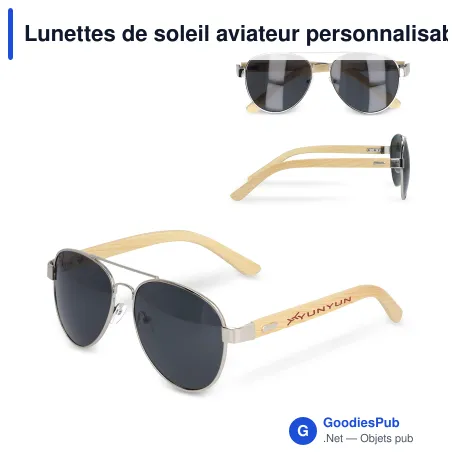 Lunettes de soleil aviateur personnalisables à branches en bambou avec logo
