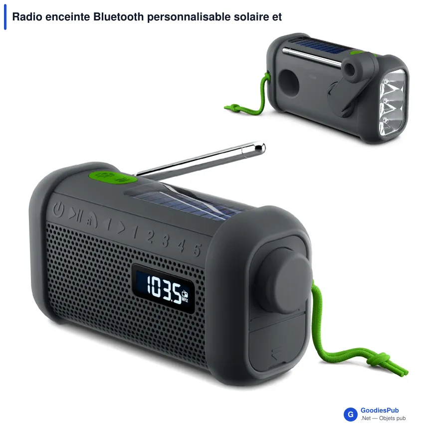 Radio enceinte Bluetooth personnalisable solaire et dynamo avec logo - Muse MH-08 - Image 1