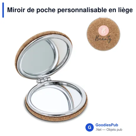 Miroir de poche personnalisable en liège avec logo - Liège naturel