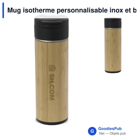 Mug isotherme personnalisable inox et bambou 400 ml avec logo - Flow
