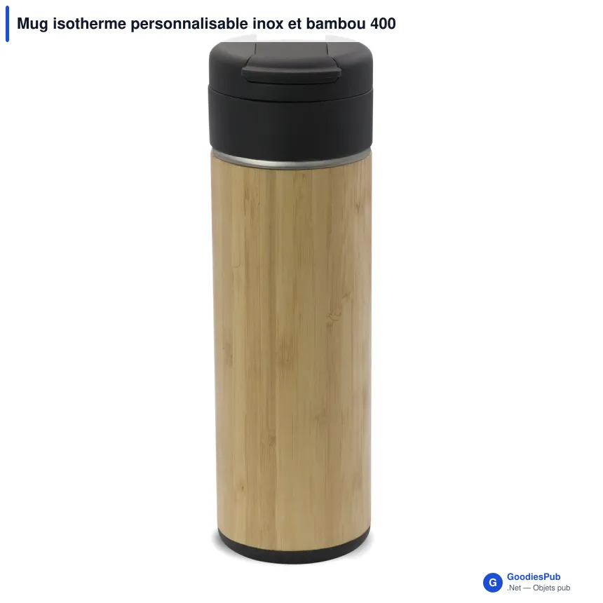 Mug isotherme personnalisable inox et bambou 400 ml avec logo - Flow - Image 2
