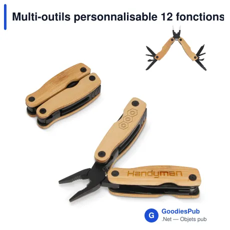 Multi-outils personnalisable 12 fonctions en bambou avec logo - Inox et bambou