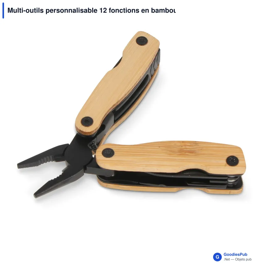 Multi-outils personnalisable 12 fonctions en bambou avec logo - Inox et bambou - Image 2