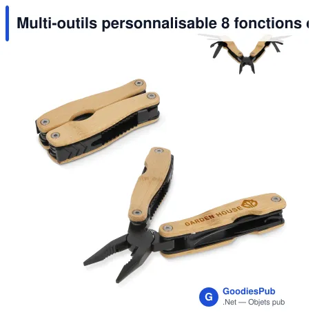 Multi-outils personnalisable 8 fonctions en bambou avec logo - Inox et bambou