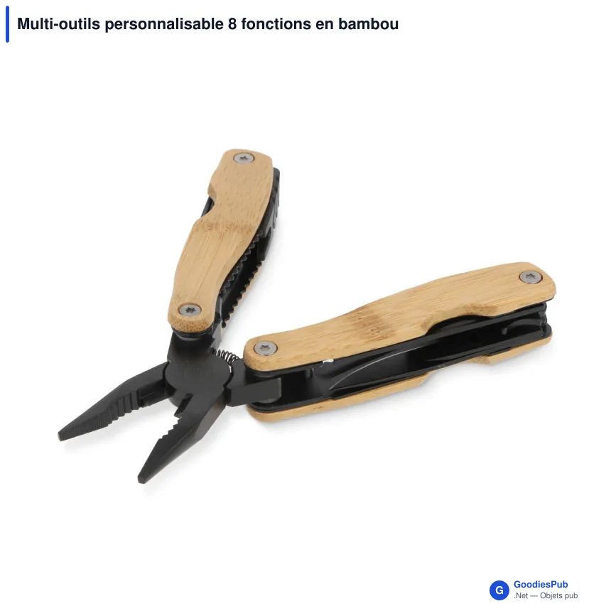 Multi-outils personnalisable 8 fonctions en bambou avec logo - Inox et bambou - Image 2